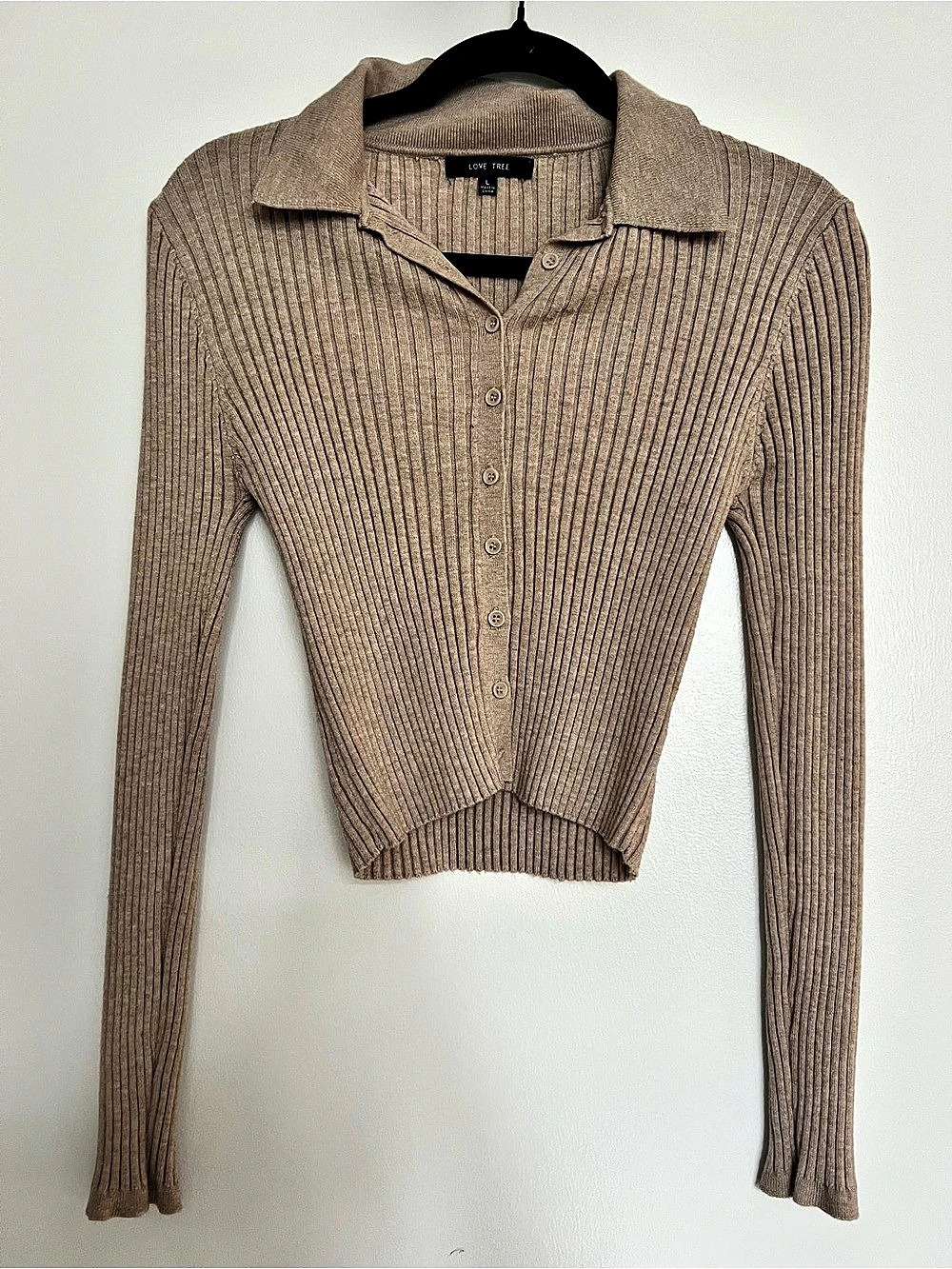Love Tree Ribbed Collared Cardigan in Tan - Large